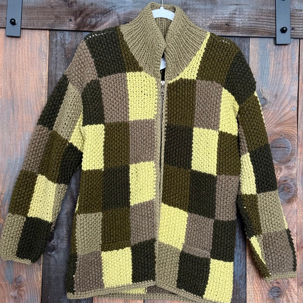 Handmade Ecuador 100% Wool Patchwork Full Zip Cardigan Sweater Earth Tones